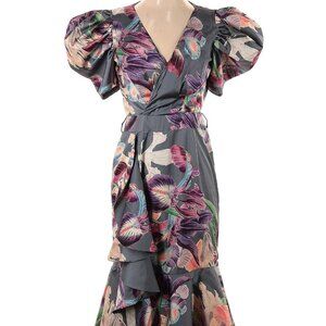PatBo Grace Dress Women’s Sz 6 Floral Print Puff Sleeve Ruffle Dusk Gray Midi